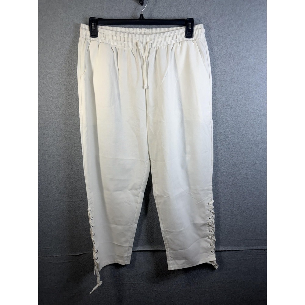 Shein Pants Womens XL White Linen Blend Cropped Drawstring Lace Up Travel Casual